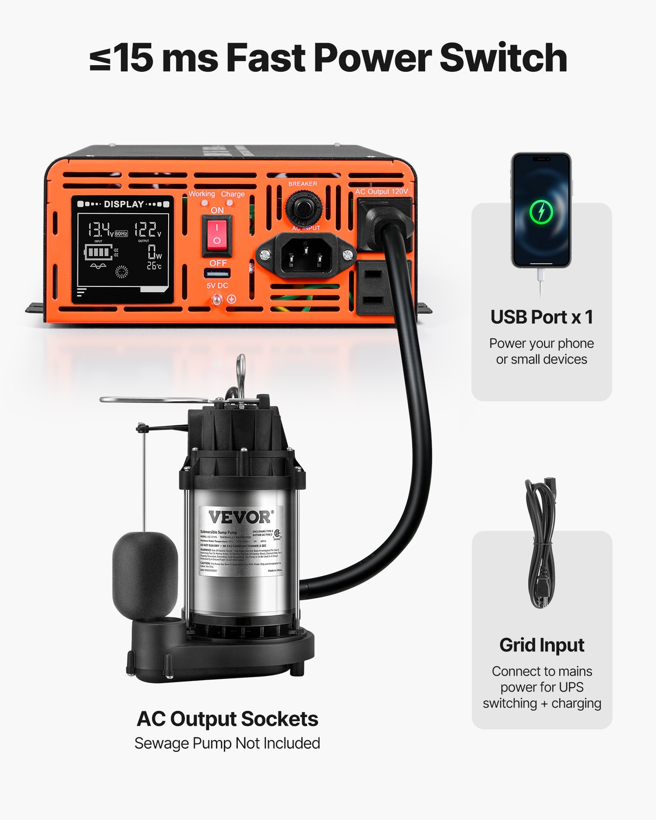 VEVOR 1500W Sump Pump Battery Backup System LCD Pure Sine Wave Power Inverter