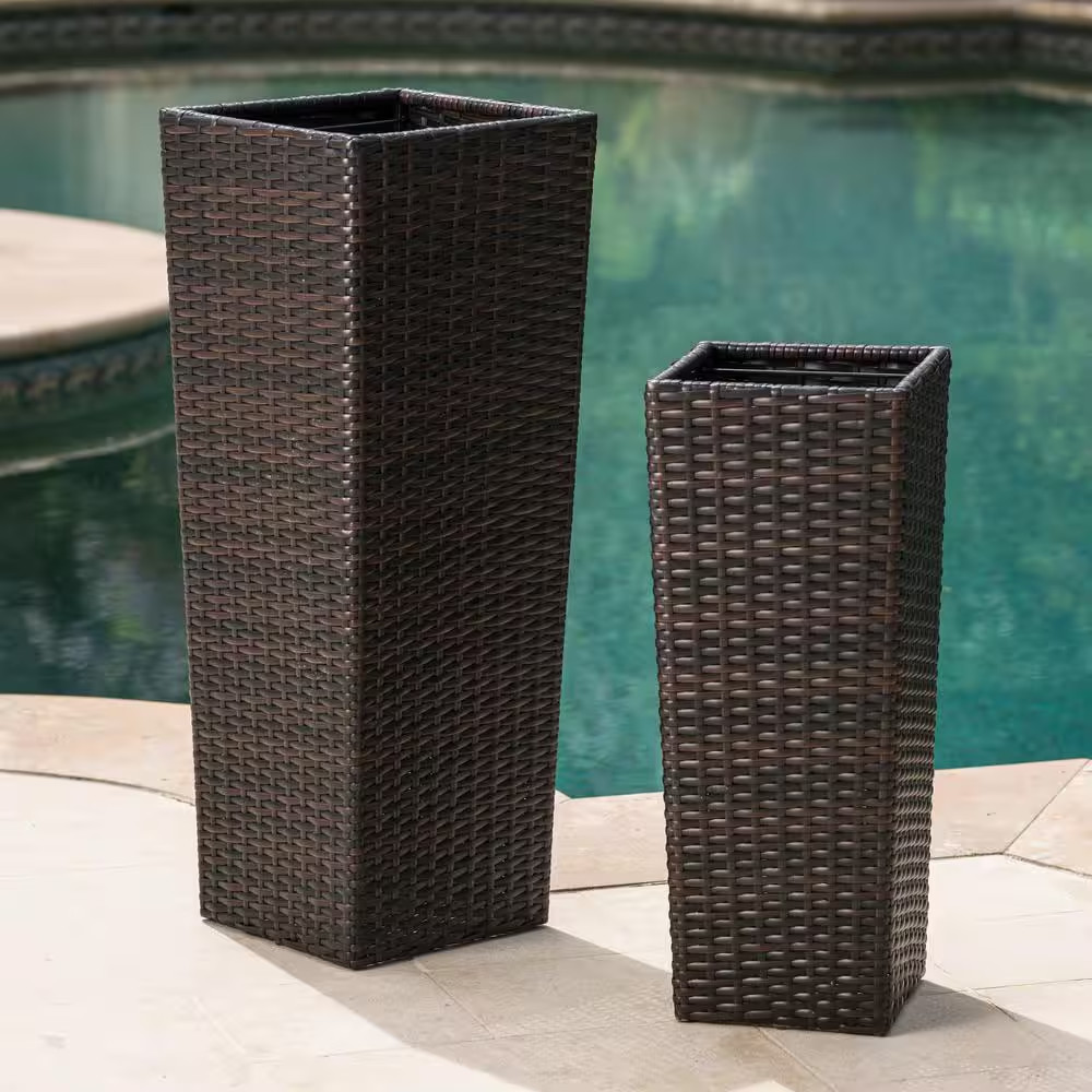 Sanger Outdoor Patio 32 In. and 24 In. Multibrown Wicker and Metal Flower Pot (2