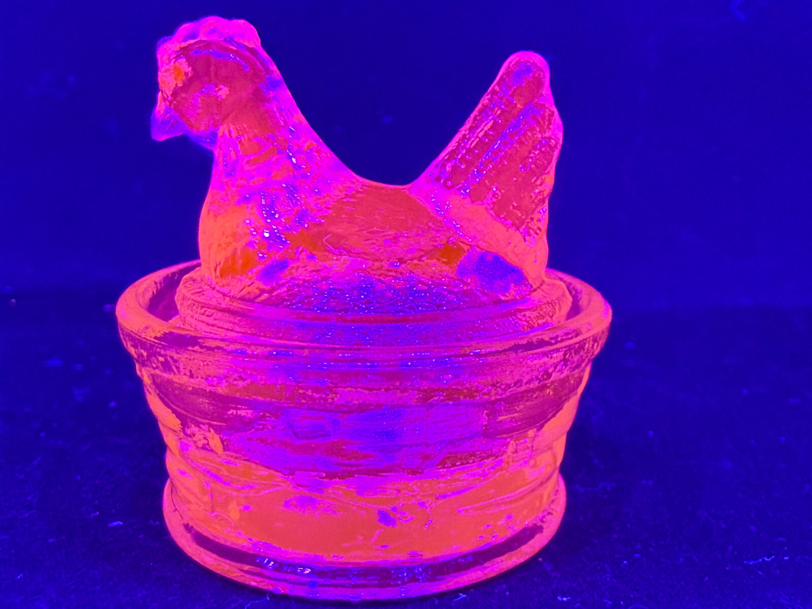 Blue Vaseline uranium glass Hen Chicken on nest basket eggs / salt cellar orange