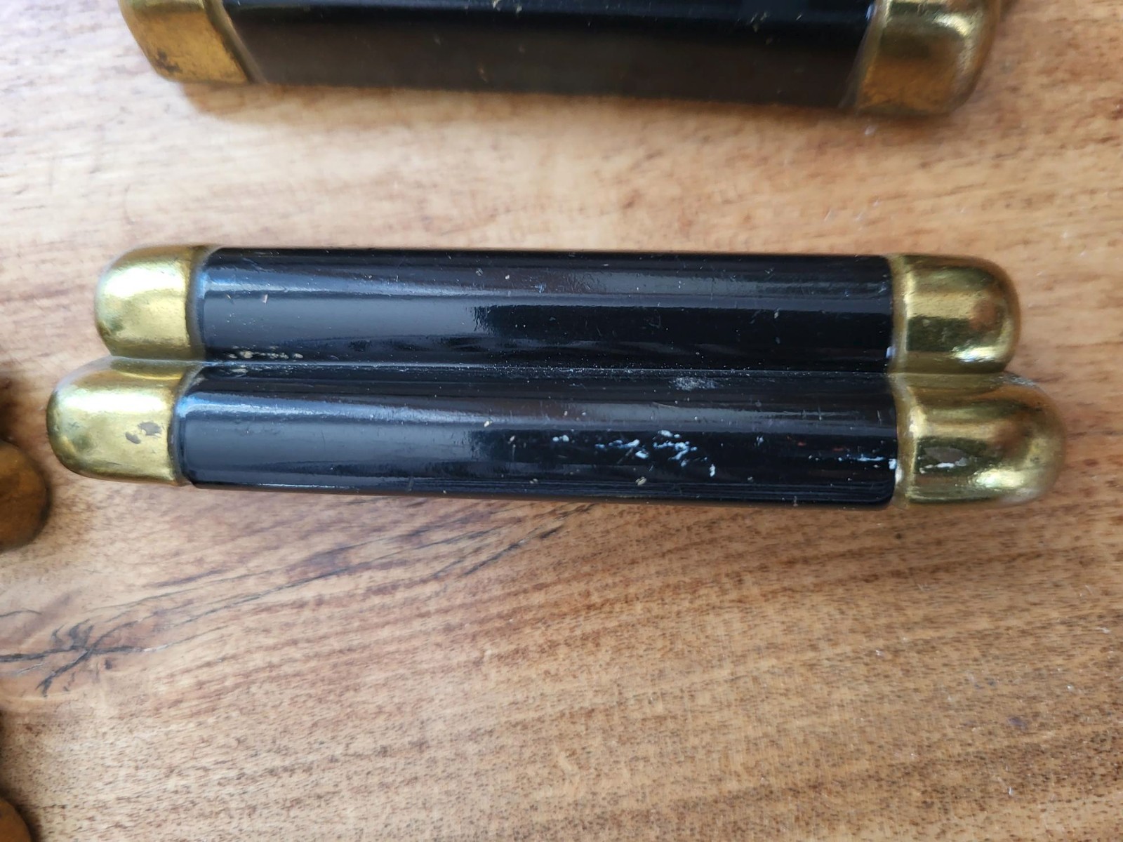 6 vintage art deco style, black & brass dresser handles / pulls
