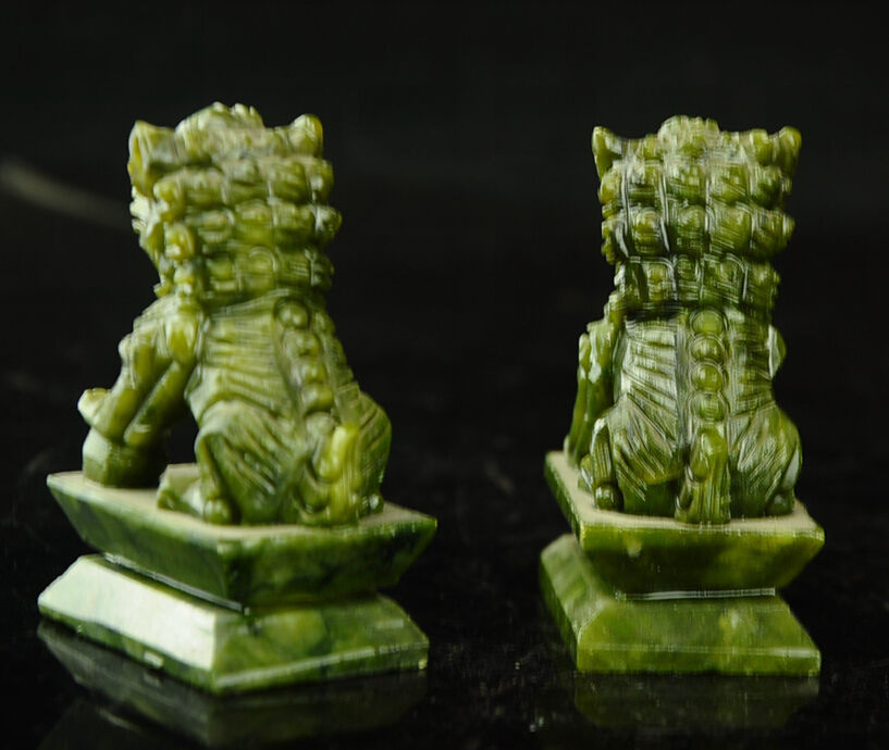 Exquisite Pair Chinese Green Jade Fengshui Foo Fu Dog Guardion Door Lion Pair