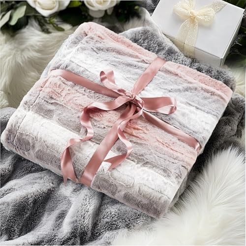 Queen Size Blanket Ultra-Soft Poly Fur Queen Size, 90x90" Blush/Grey