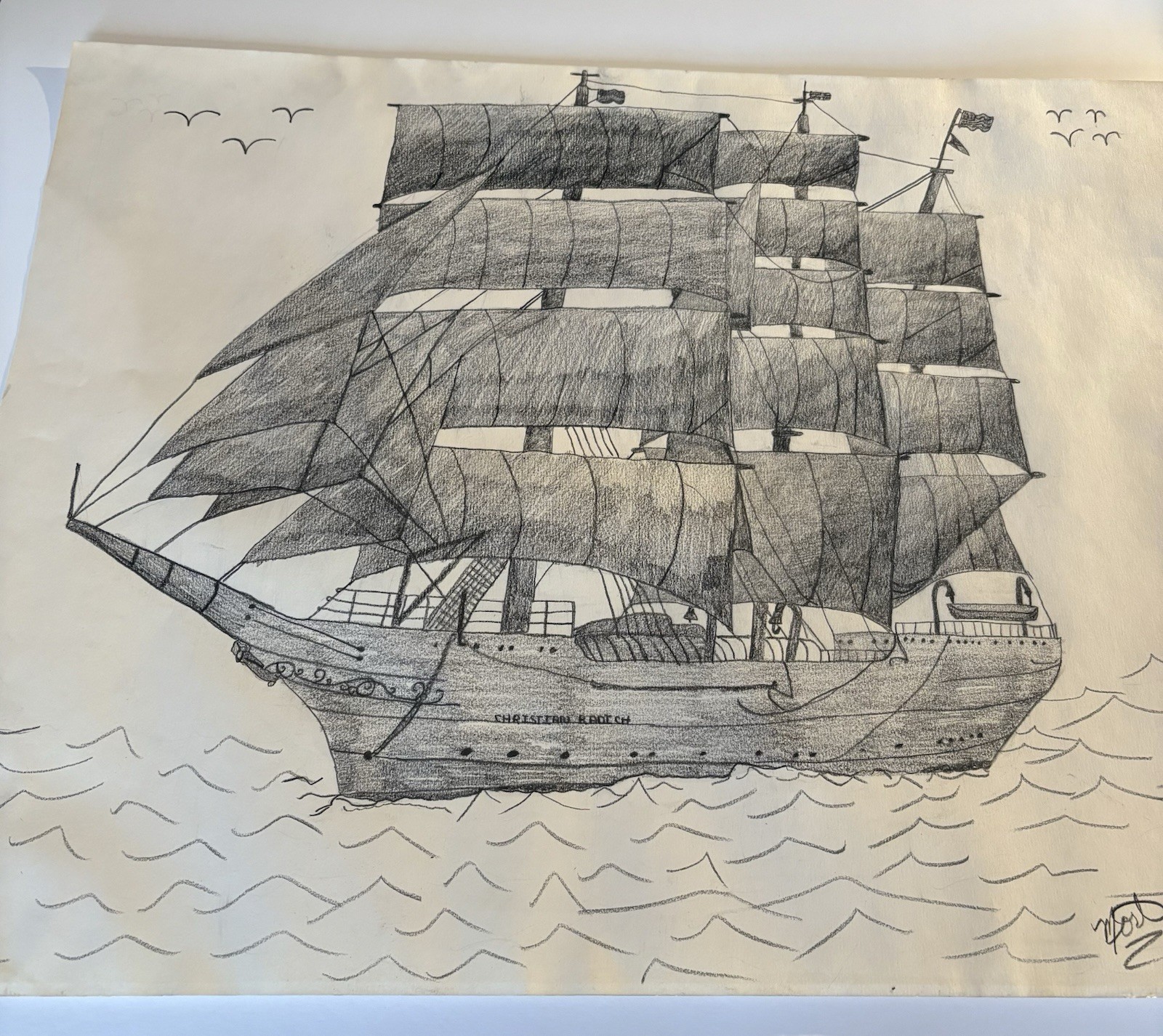 Pencil Drawing Norwegian Full Rigged Tall Sailing Ship Christian Radich Signed