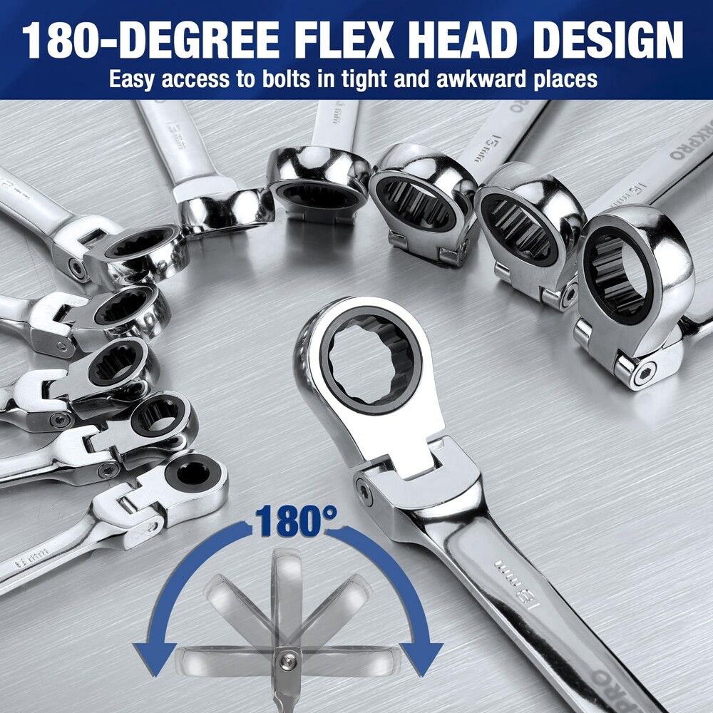 WORKPRO 22PC Ratcheting Wrench Set 72-Teeth Flex-Head Ratchet Combination Wrench