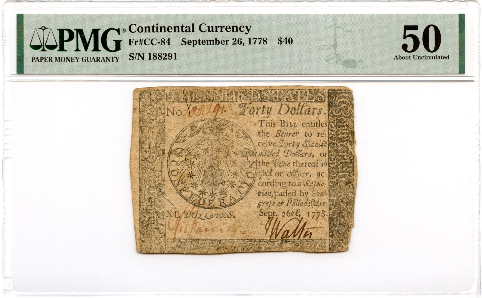 Continental Currency Fr#CC-84 September 26, 1778 $40 PMG AU-50