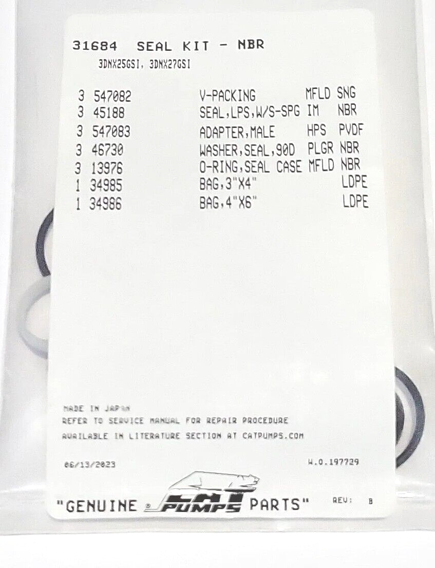 31684 SEAL KIT FOR CAT PUMP 3DNX SERIES PUMPS 3DNX25GSI, 3DNX27GSI, 3GXT30