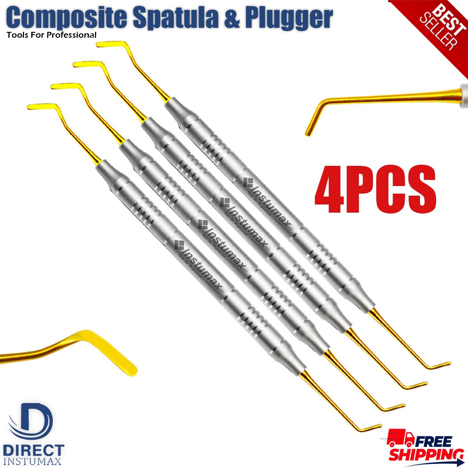 4-PCS Dental Composite Filling Instruments Spatula & Plugger Titanium Gold Tips