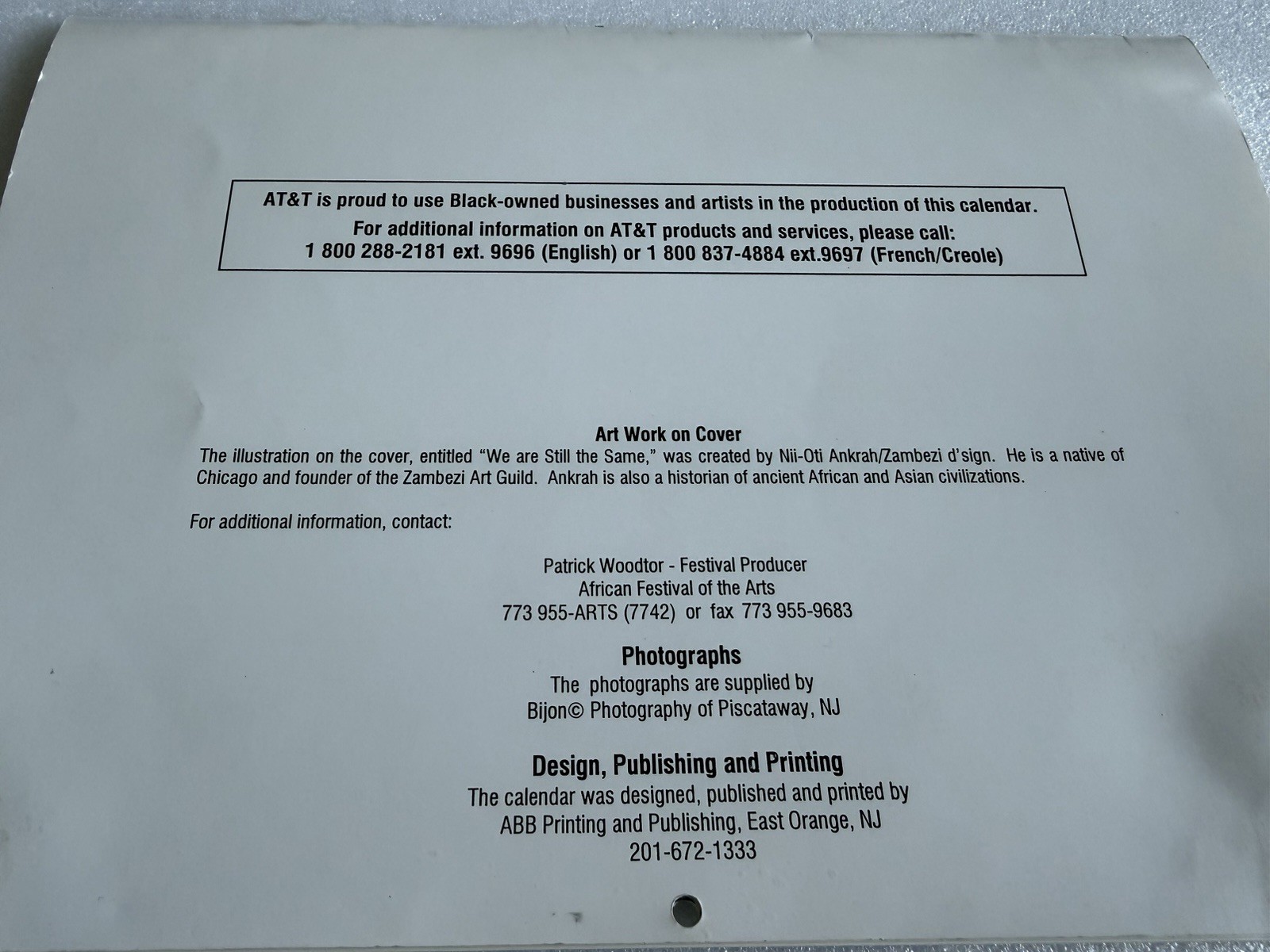Rare AT&T 1997 Black Heritage Calendar