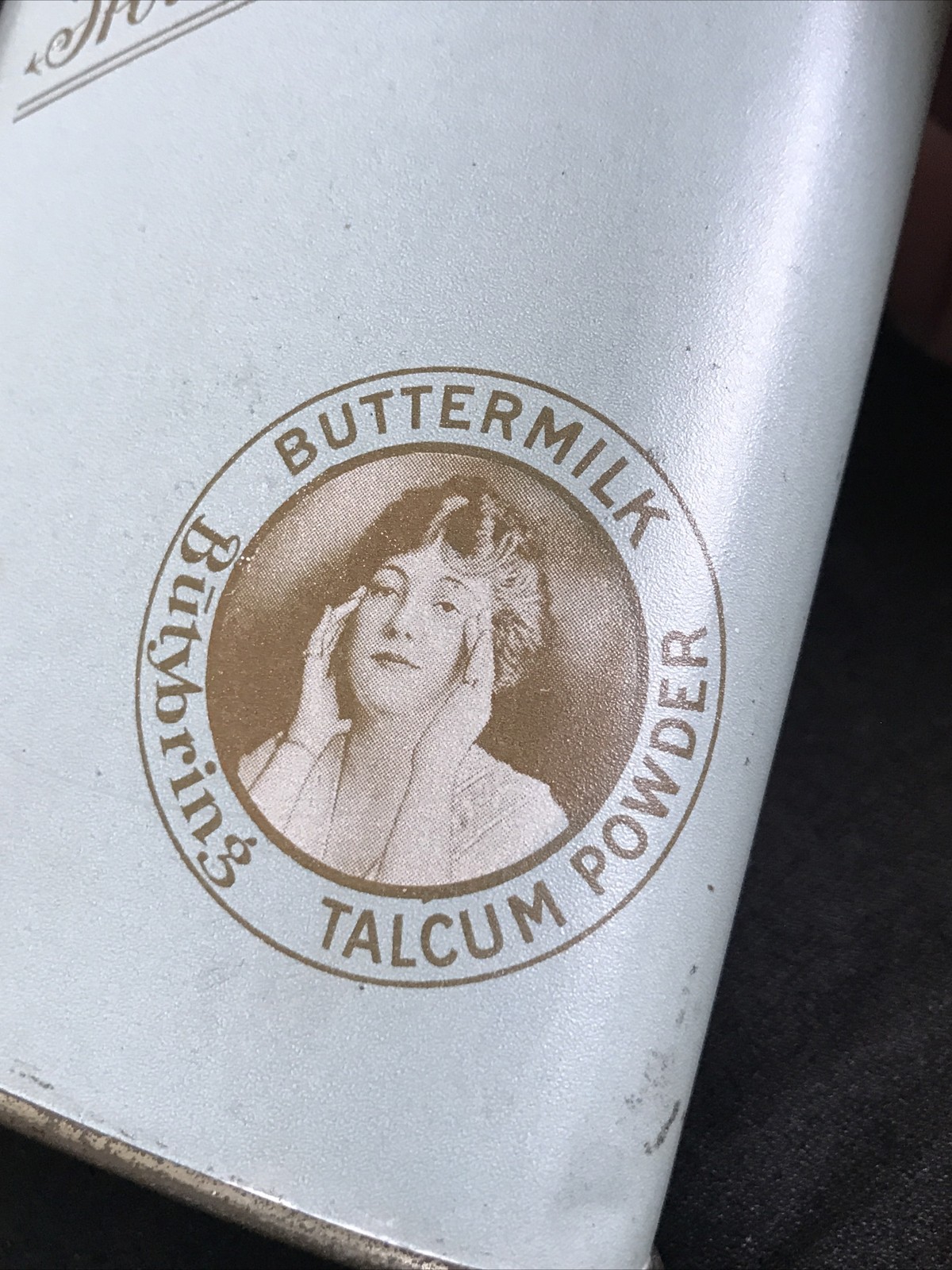 HOWARD Buttermilk Talcum Powder Tin Antique Butybring Howard's Litho Advertising