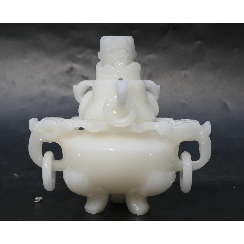 6.5" Chinese White Jade Carved Dragon Head Beast Tripodia Incense Burner Censer