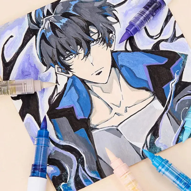 9 Colors Water Based Acrylic Paint Markers, Brush Felt Tip Acrylic Paint Pens