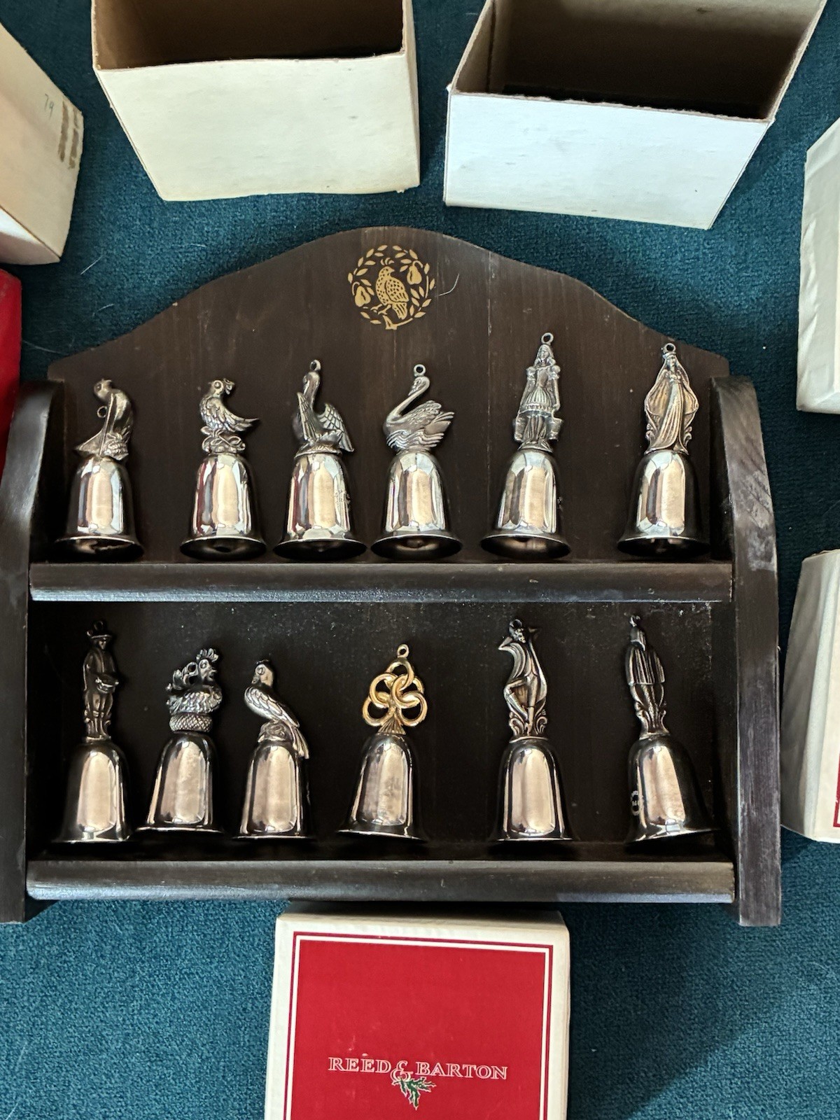 Reed & Barton Twelve Days of Christmas Silverplate Bell Set W/ Shelf Complete