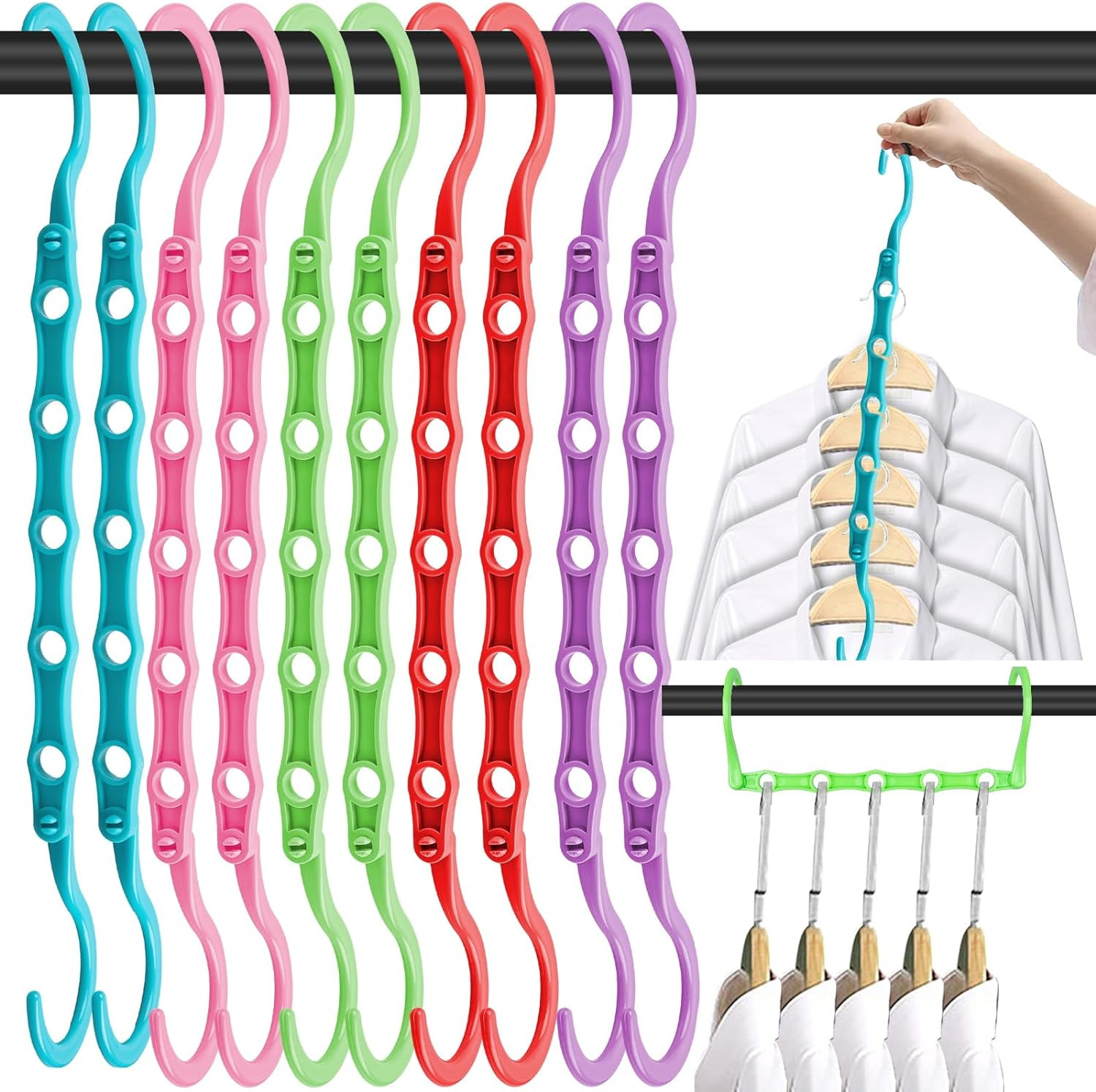 10 PCS Space Saving Hangers, 5-Hole Magic Hangers - Sturdy Plastic Hanger, Close