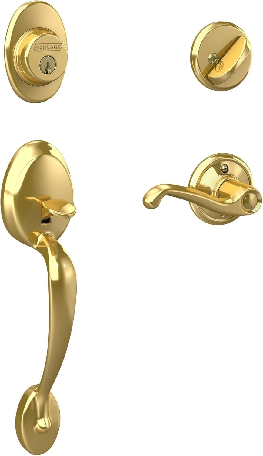 Schlage Plymouth Bright Brass Single Cylinder Door Handleset with Flair Handle