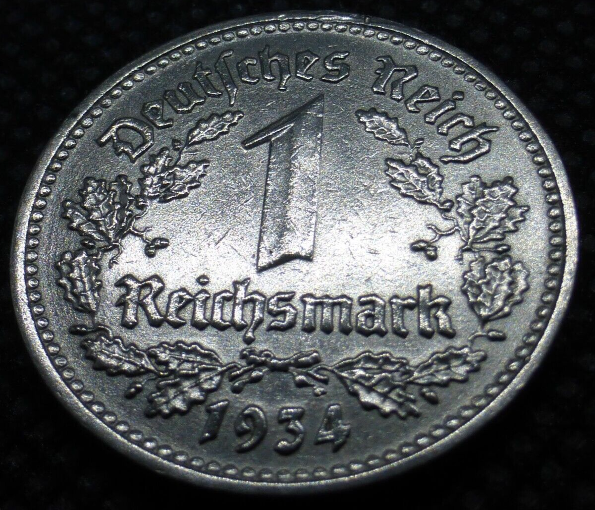 Beautiful 1 Reichsmark Nazi Coin: Genuine Nickel Third Reich WW2 Germany Mark