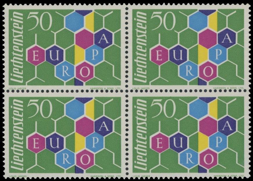 1960, LIECHTENSTEIN, EUROPA ISSUE, HONEYCOMS, BLOCK OF 4, NH, SCOTT #356