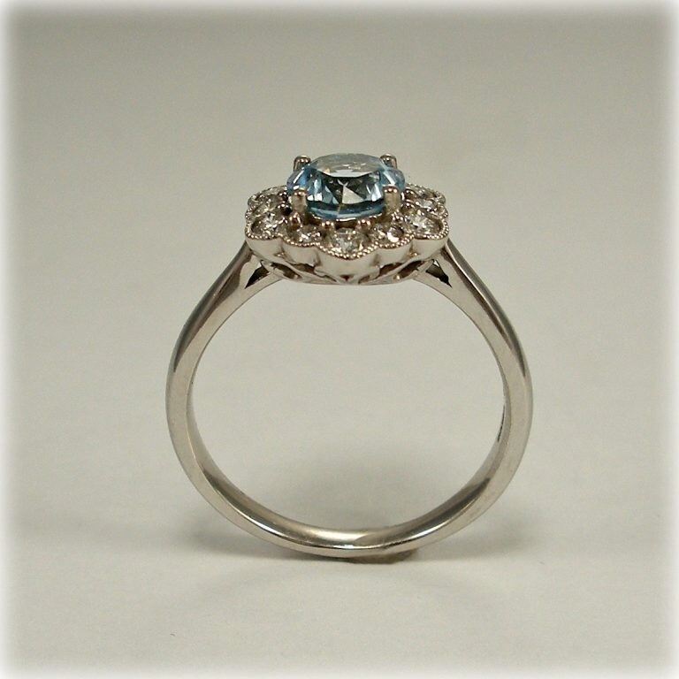 1.30 Ct Round Natural Aquamarine Diamond Engagement Ring 14K White Gold Size 5