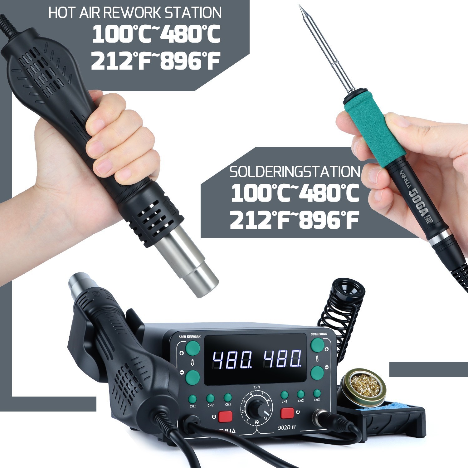 YIHUA 902D-IV 775W T12 Soldering & Hot Air Desoldering Rework Station Digital