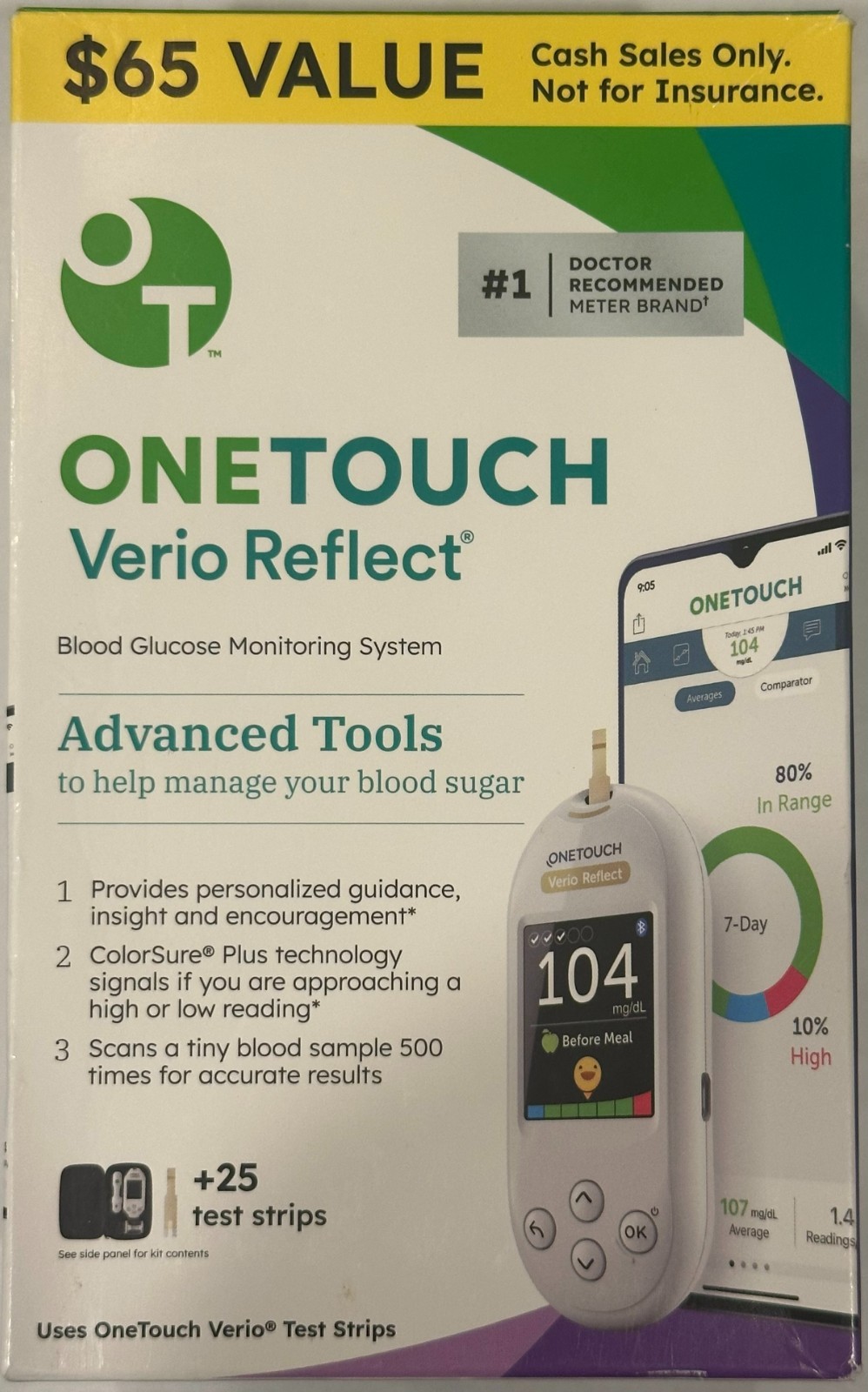 OneTouch Verio Reflect Meter Blood Glucose Monitoring Test Kit w/ 25 Strips NIB