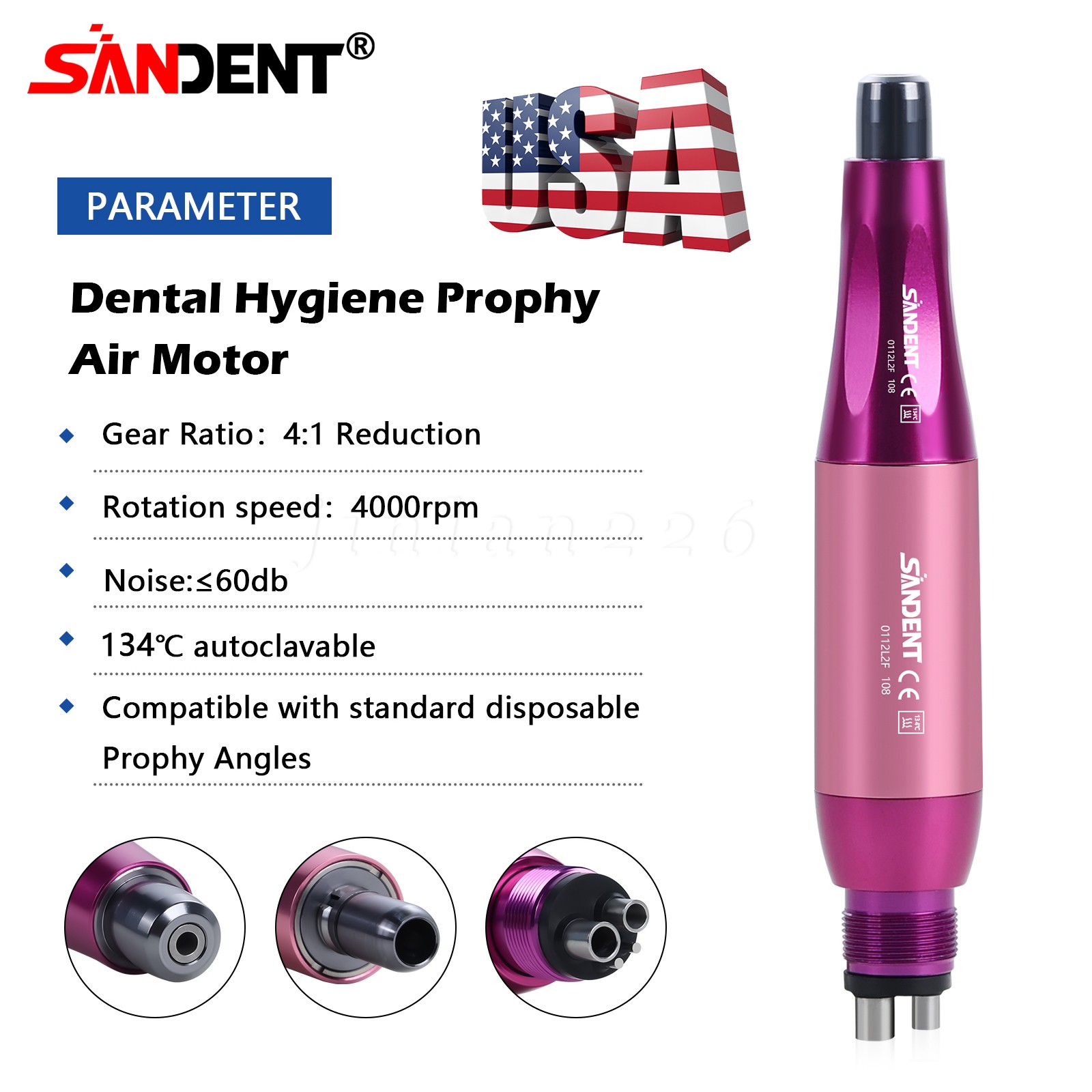 SANDENT Dental 4:1 Hygiene Prophy Handpiece 4Hole Air Motor Nose Cone 360°Swivel