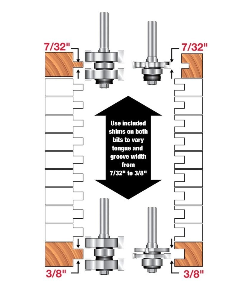Freud Adjustable Tongue and Groove Router Bit Set 99-036 for Cabinet Doors