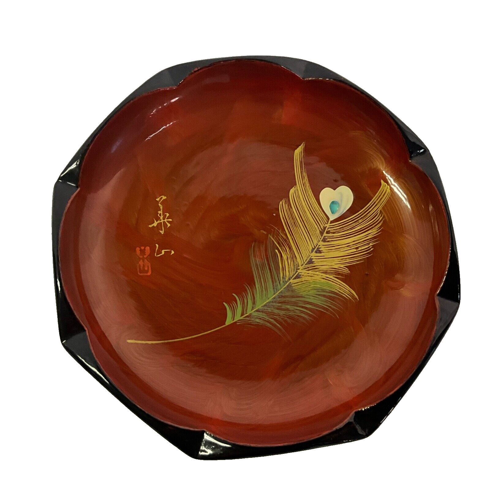 Vintage Asian Black with Red/Copper Lacquerware Octagonal Handpainted Feather 5”