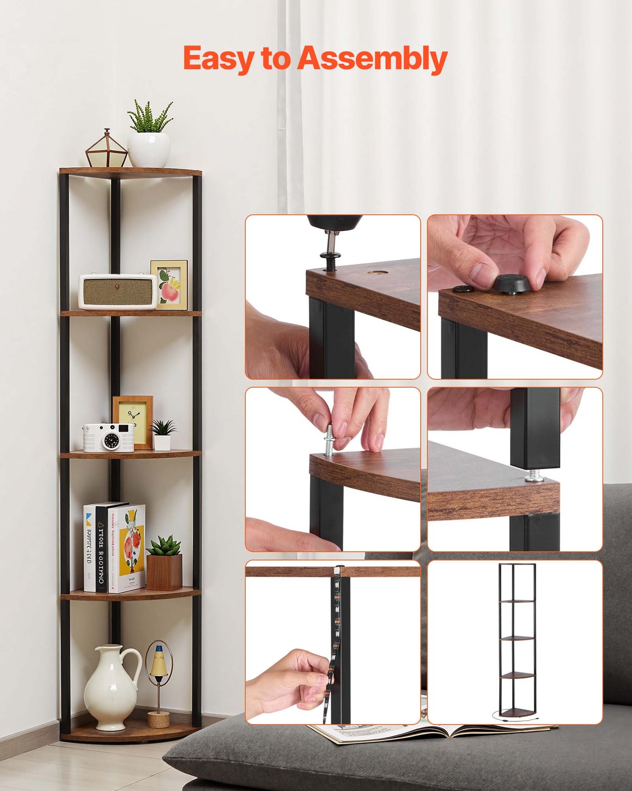 5 Tier Corner Shelf Tall Corner Stand with LED Light Narrow Display Rack