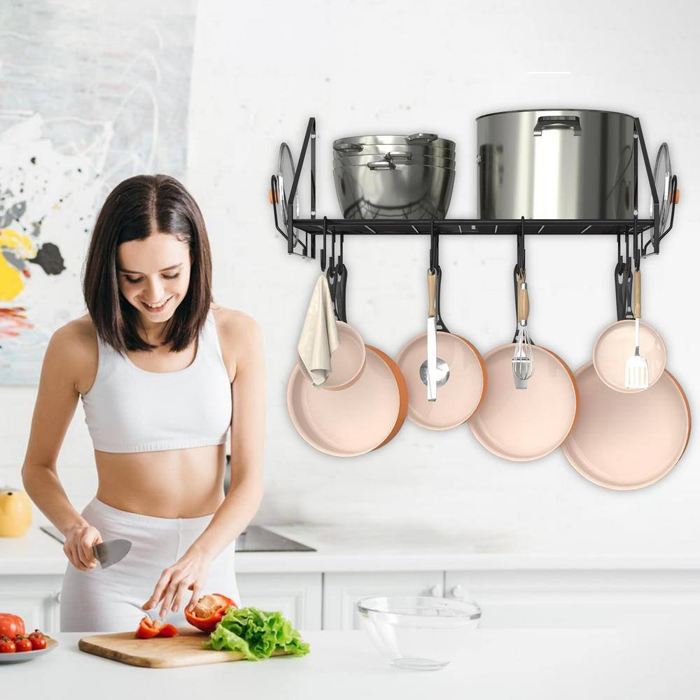 34.7 In. L X 13 In. W X 12.6 In. H Black Steel Wall Mounted Pot Rack with 12 Hoo