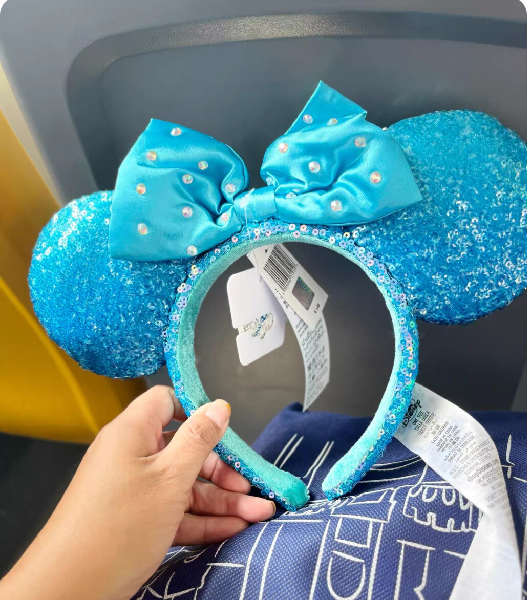 Disney-Parks Blue Aqua Sequin Diamond Minnie Mouse Mickey Ears Headband 2023