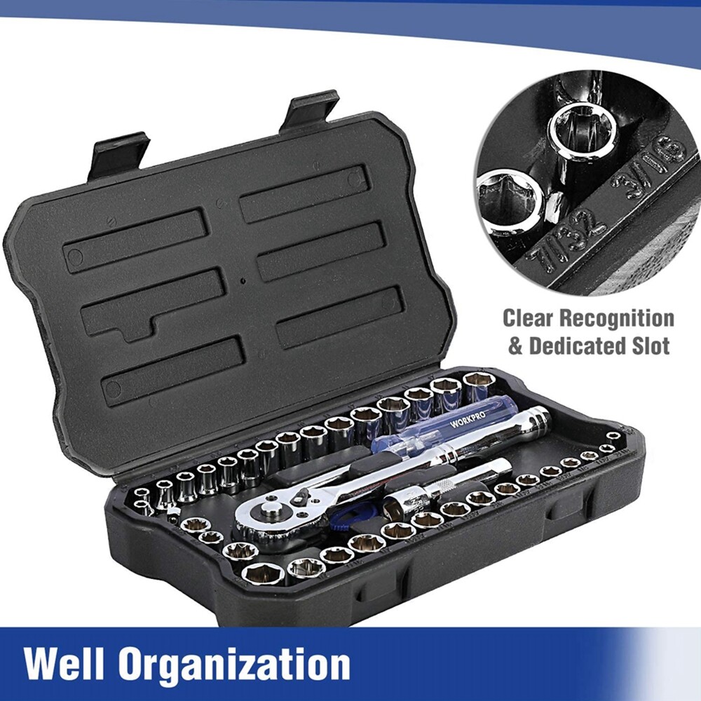 WORKPRO 39PCS Drive Socket Set 1/4" 3/8" Socket Wrench Set Metric SAE With Case
