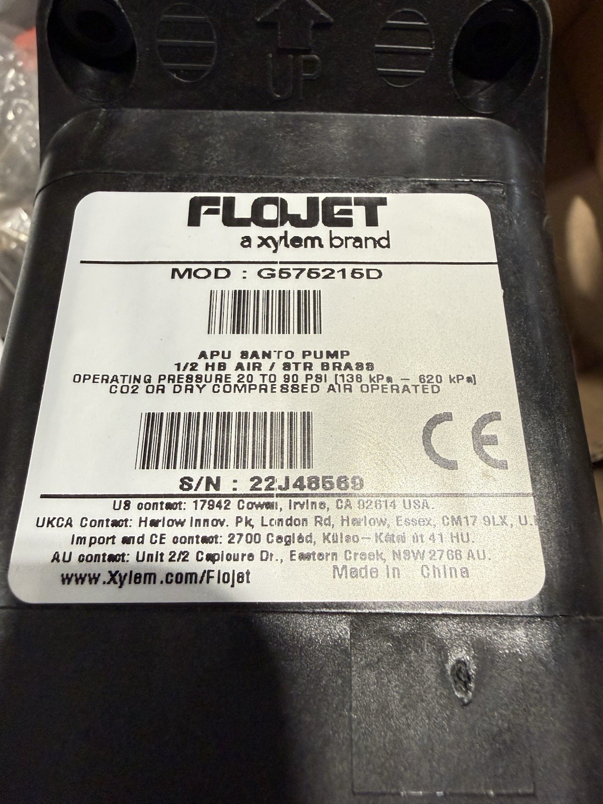 Xylem FLOJET G575215-SANTO PNEUMATIC AIR OPERATED DIAPHRAGM PUMP 1/2" (OEM) *NEW