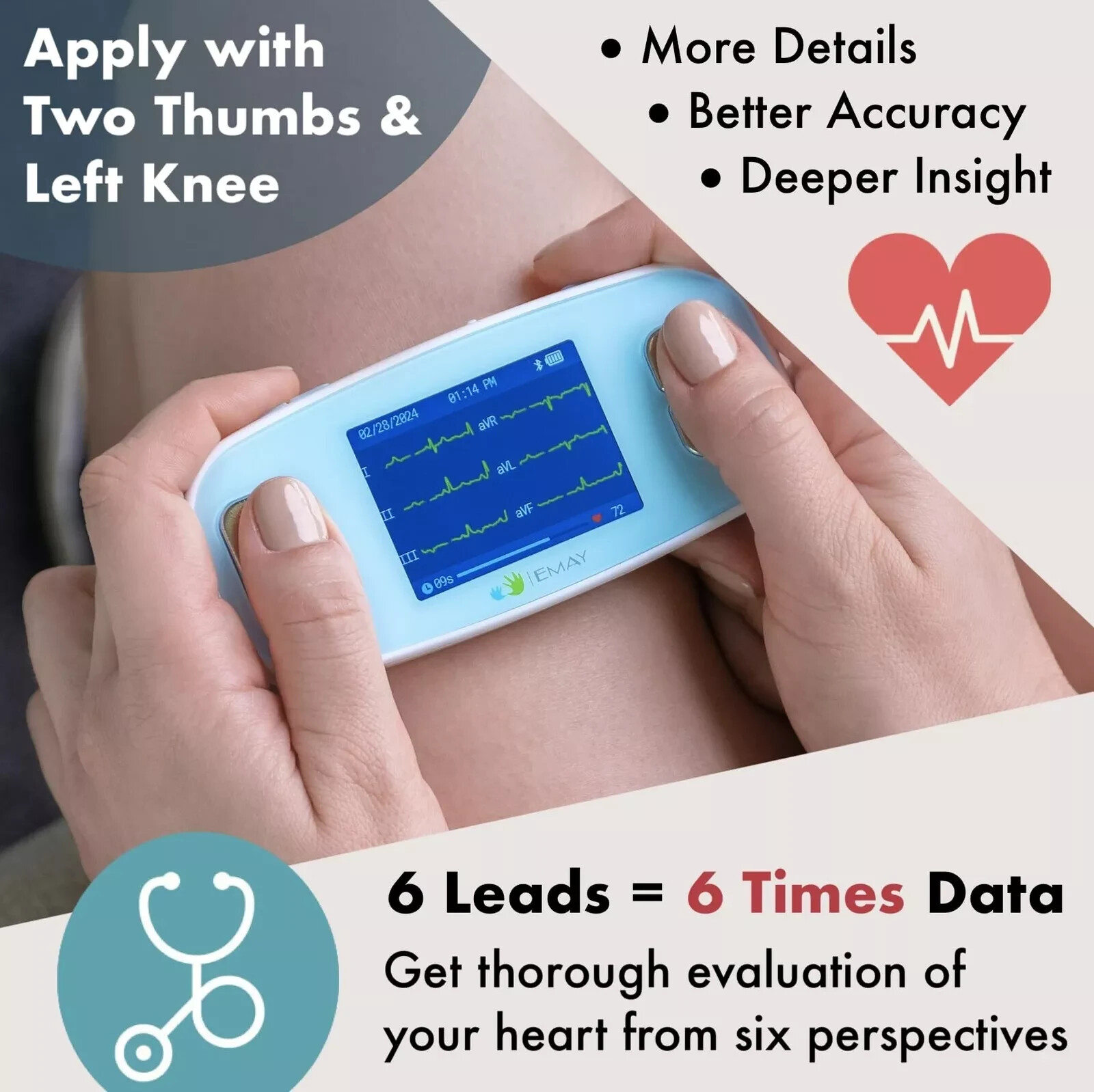 EMAY 6Leads Portable ECG Monitor Record ECG and Heart Rate in 6 Channels