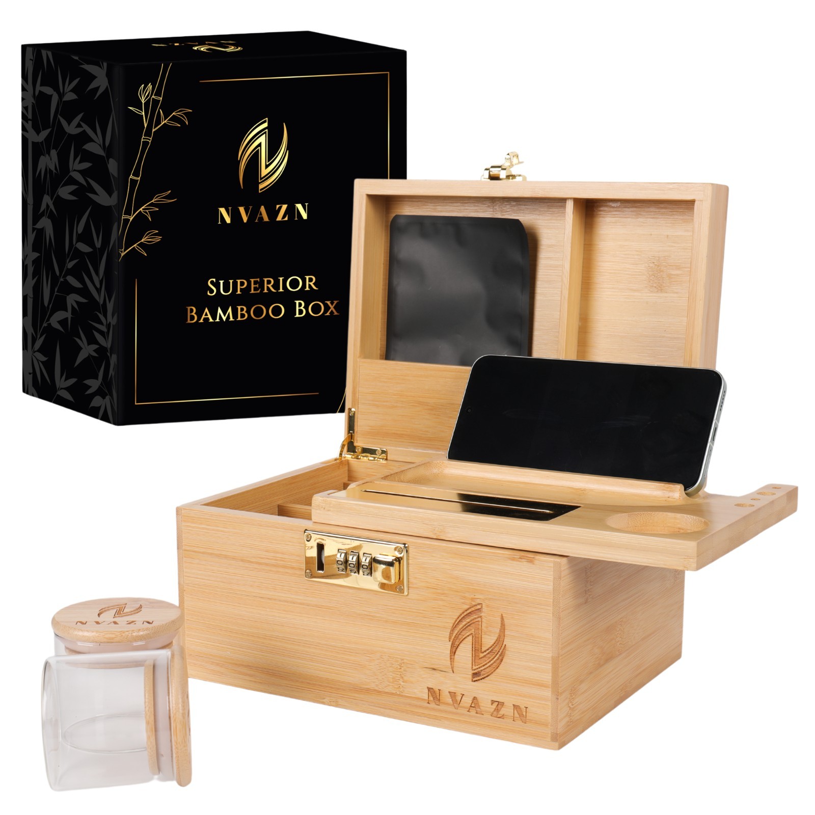 Stash Box Large - Smell Proof Bamboo Box with Rolling Tray - Storage Wood Box