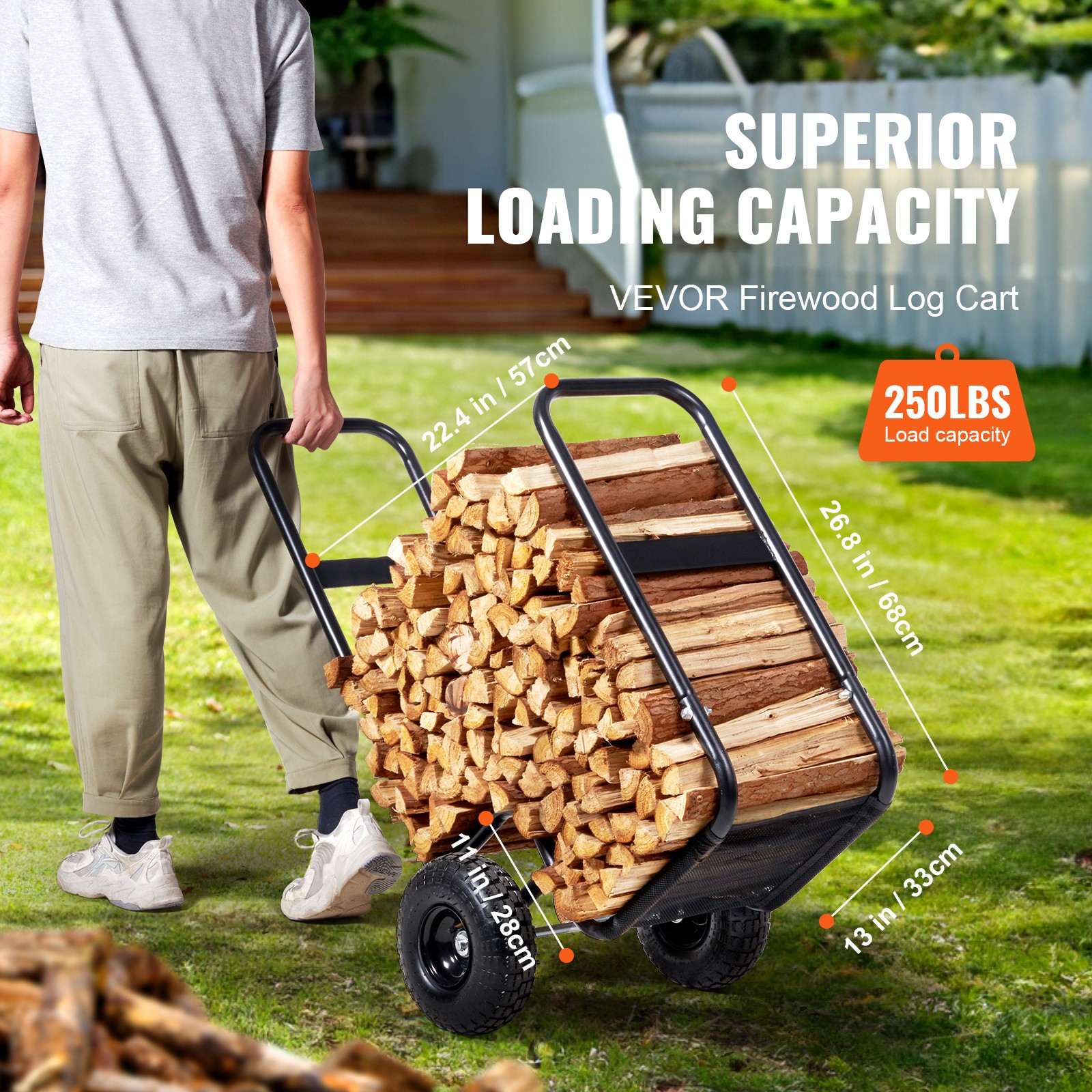 Firewood Log Cart Wood Mover Hauler 250lbs Capacity on Rubber Wheels Dolly