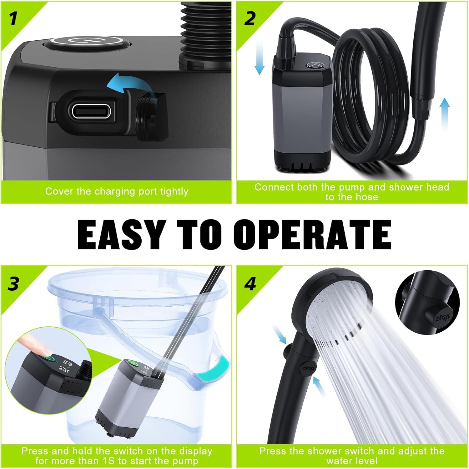 Portable Shower for Camping, 6000mAh Rechargeable Camping Shower 4 Spray Modes