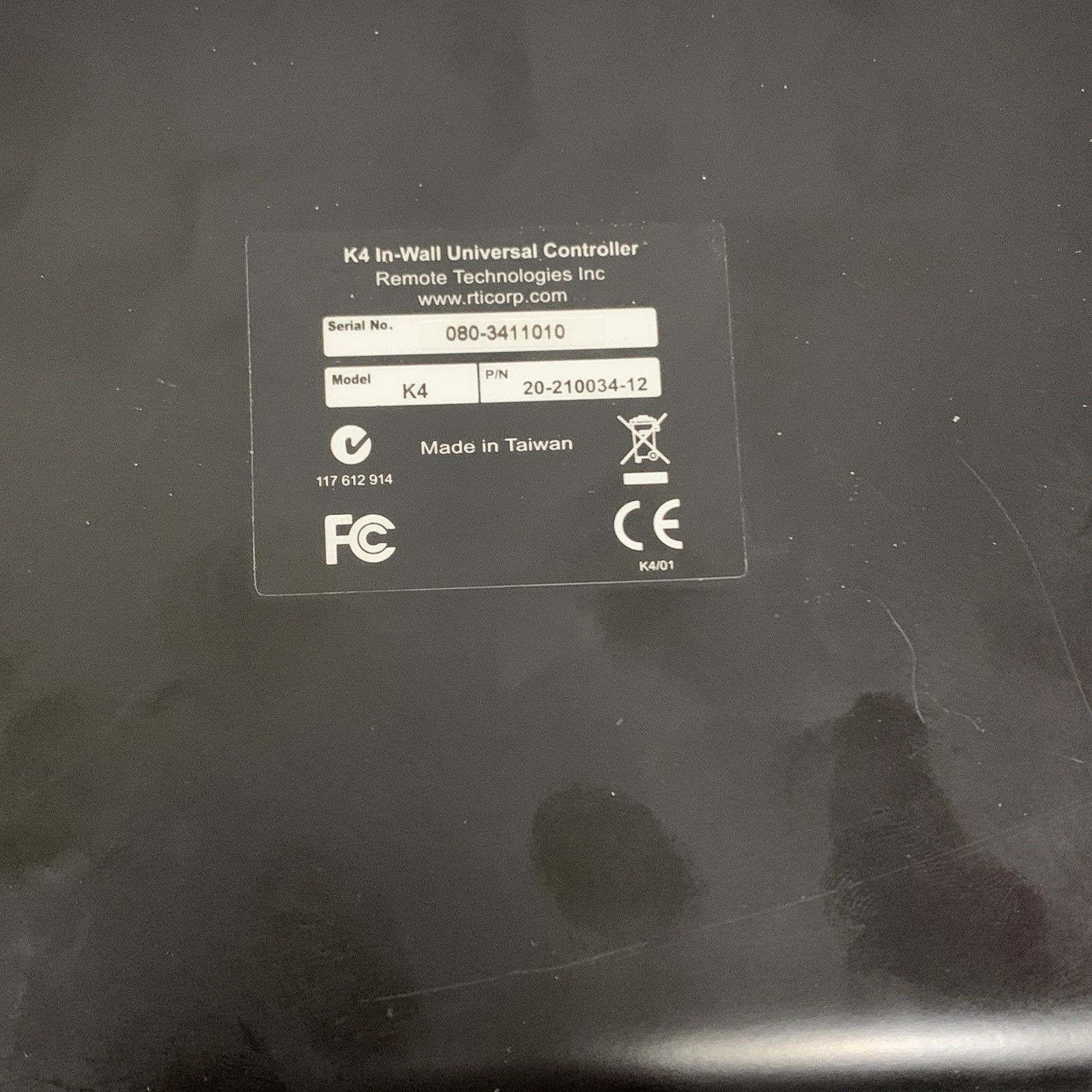 RTI K4 In-Wall Universal Touchscreen Controller Black P/N 20-210034-12