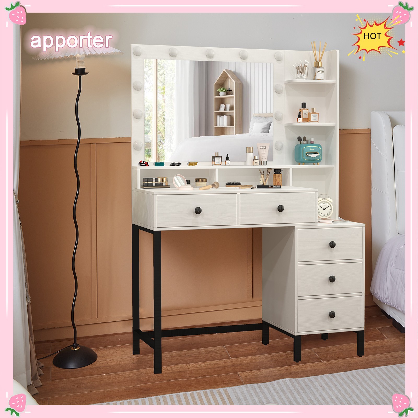 11 Led Lights Makeup Desk Set With Mirror Dressing Dresser Table White Vanity