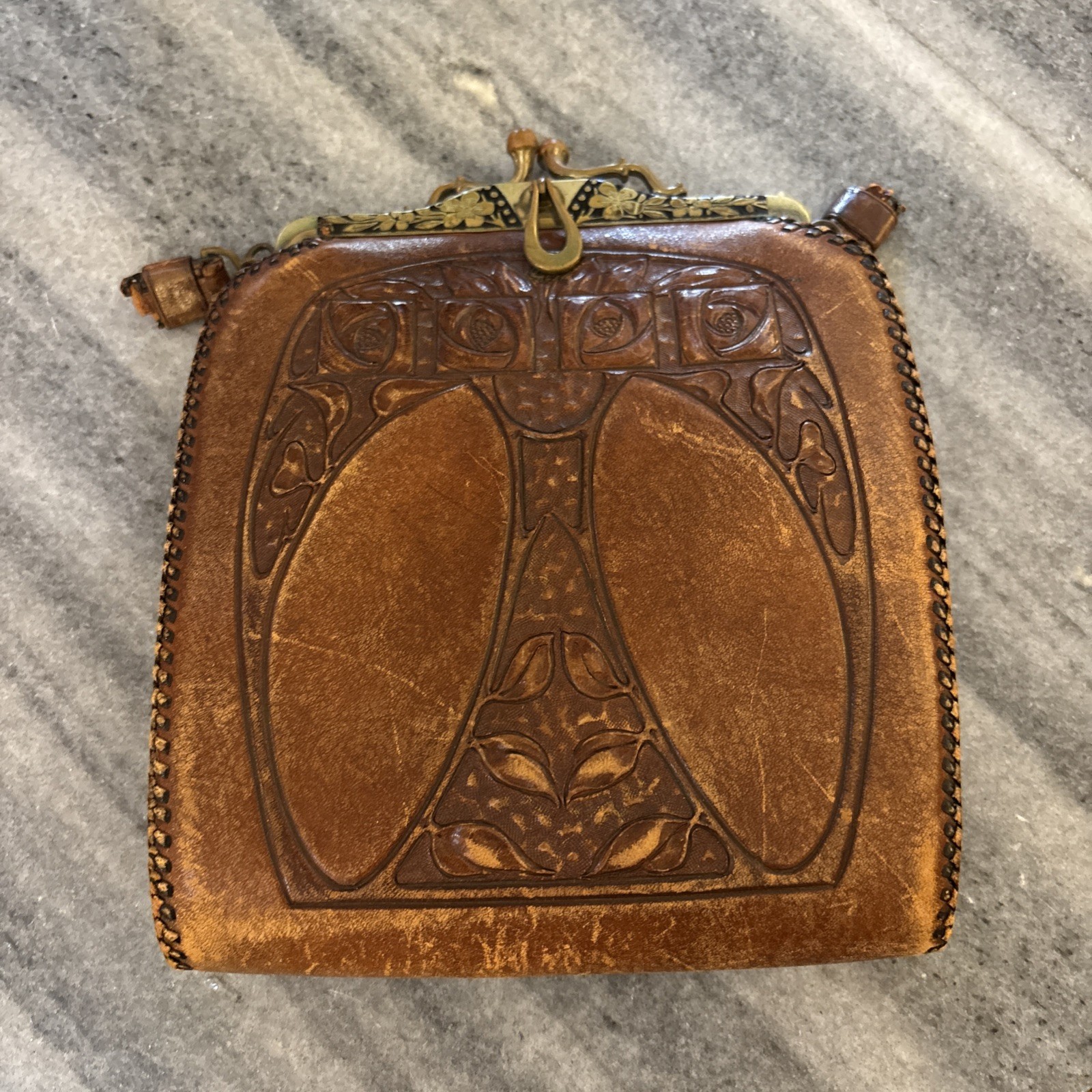 Antique TOOLED LEATHER PURSE Art Nouveau Stylized Lily Suede Inside