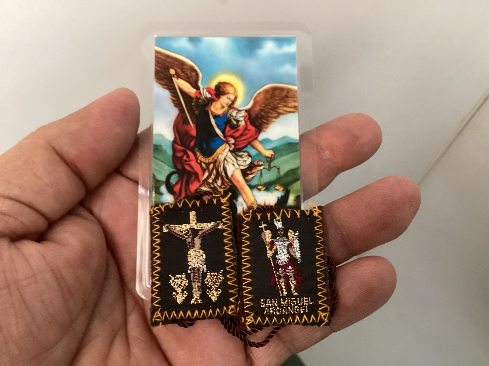 Escapular St Michael Brown Escapulario San Miguel Protección prayer card Spanish