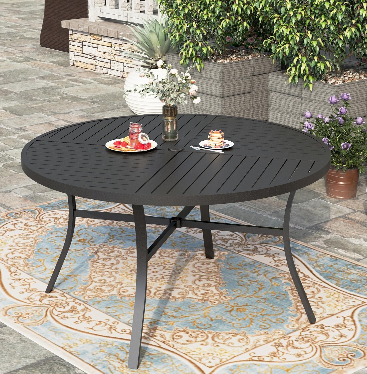 54" Outdoor Dining Table Metal Steel Slat Round Patio Table with Umbrella Hole