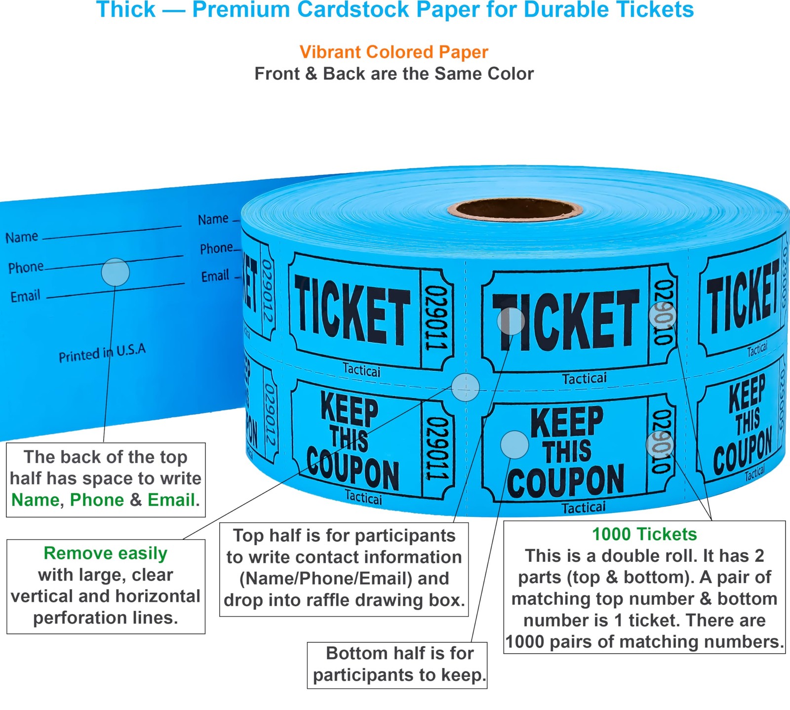 1000 Raffle Tickets, Blue (1 of 8 Colors), Double Roll, Ticket for Events, En...