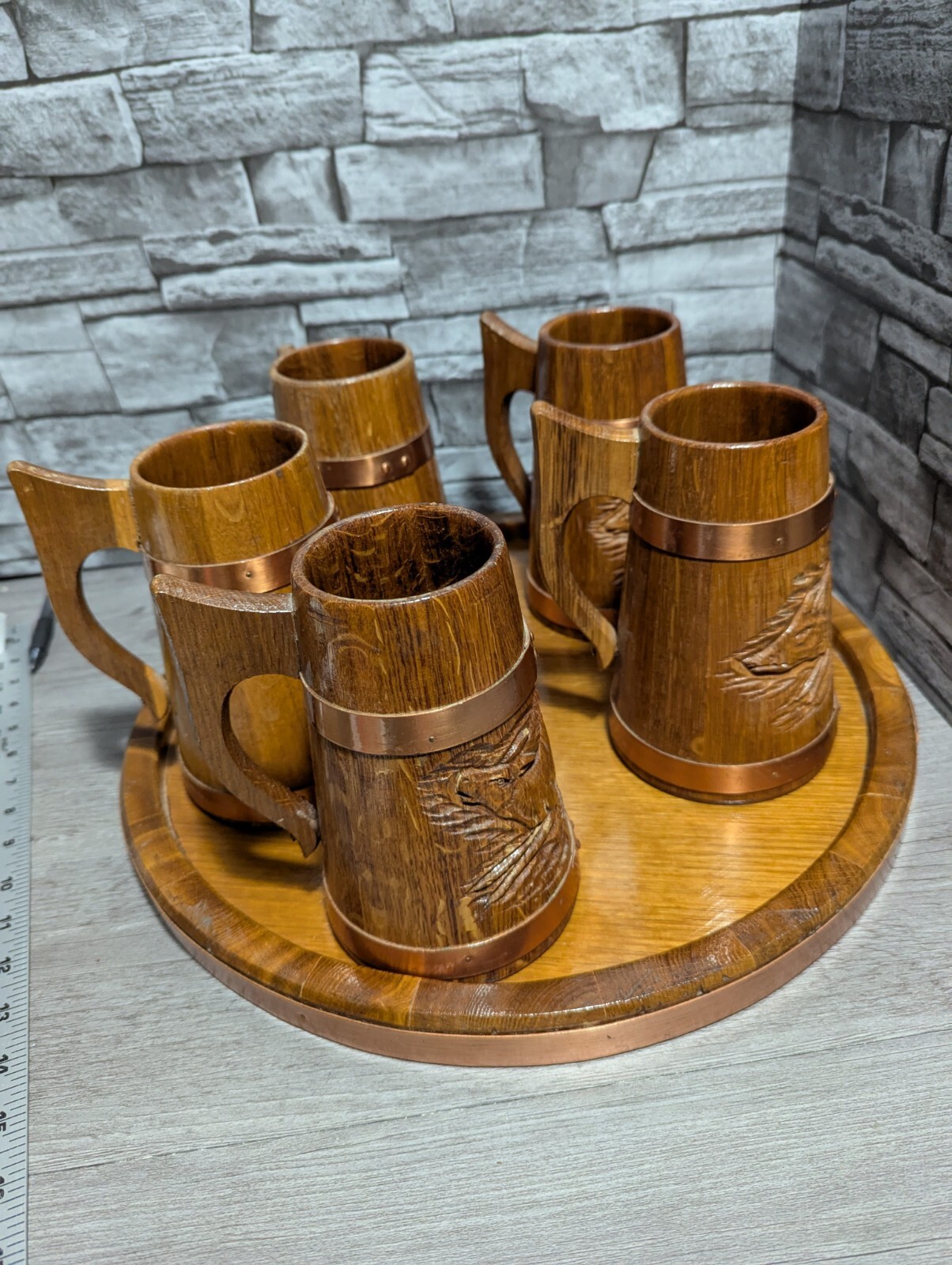 Vtg Set Of 5 Wood & Copper Beer Mug Stein Tankard Cups w/Tray Viking Bar Decor