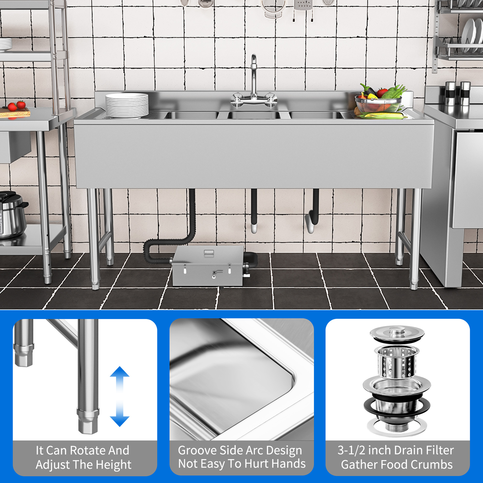 Freestanding Kitchen Sink 3 Compartment Stainless Steel Sink w/Double Drainboard