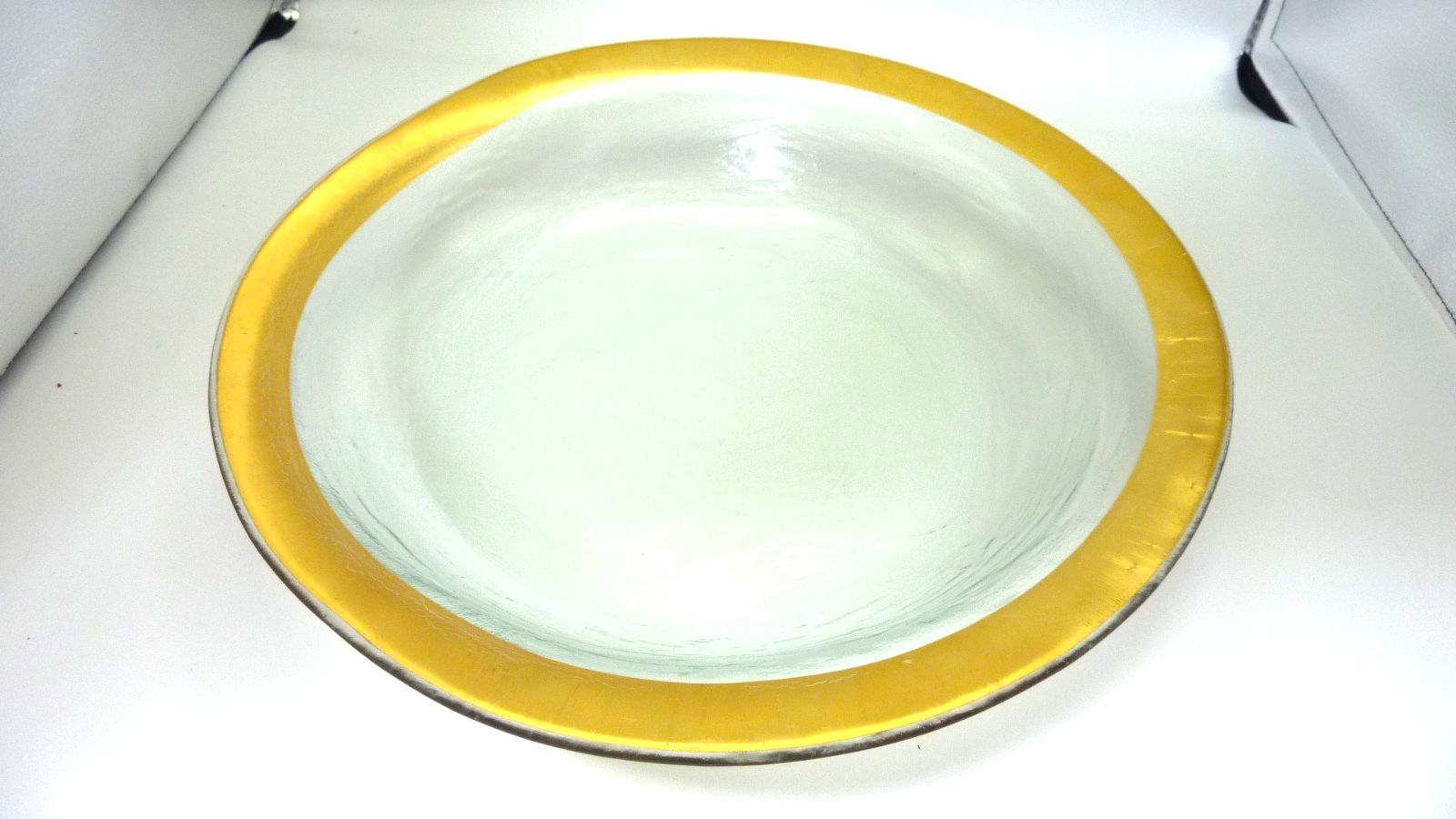 Large Annie Glass Round Serving Bowl Gold Rim 14” Signed  1996