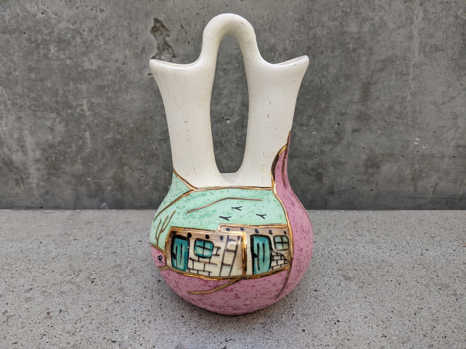 Native American Ceramic Wedding Vase 7“ - Signed by B J Gore San Jon, New Mexico