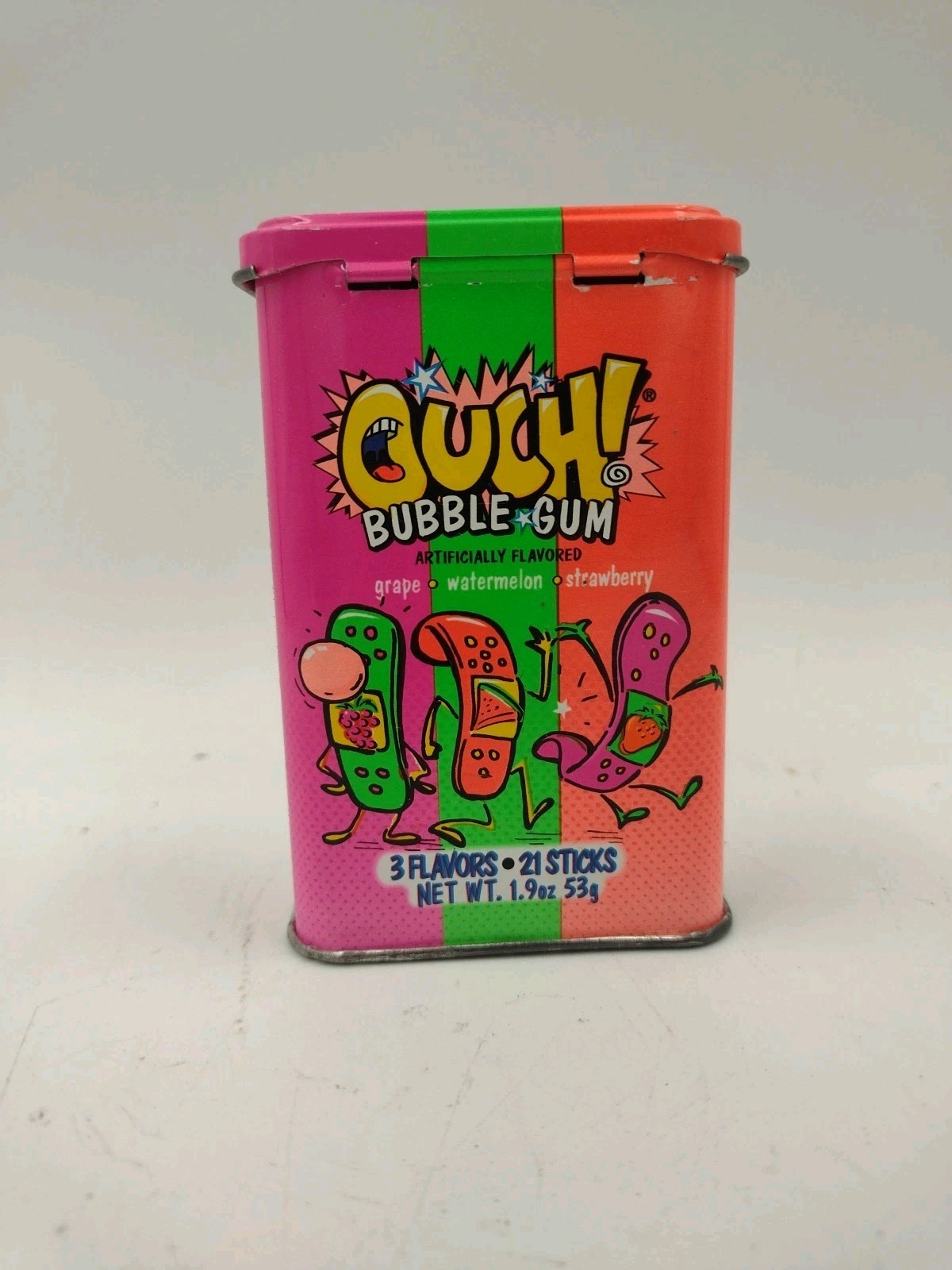 Vintage 90s Ouch! Bubble Gum Neon Empty Metal Collectible Tin Hinged Lid