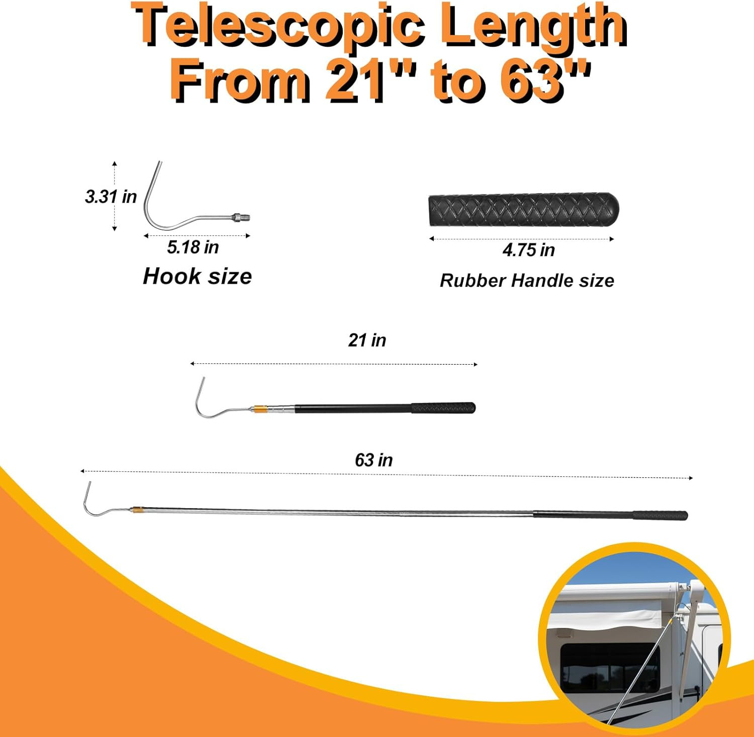 Portable RV Awning Opener Pole, 63-Inch Easy Reach Telescoping Pole with Hook, P