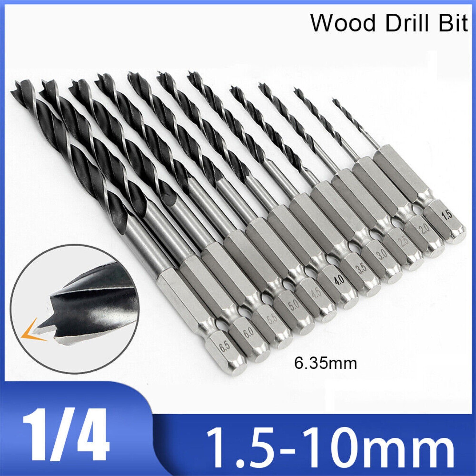 1.5mm-10mm Brad Point Wood Drill Bit Set HSS Woodworking Hex Shank Twist Bits