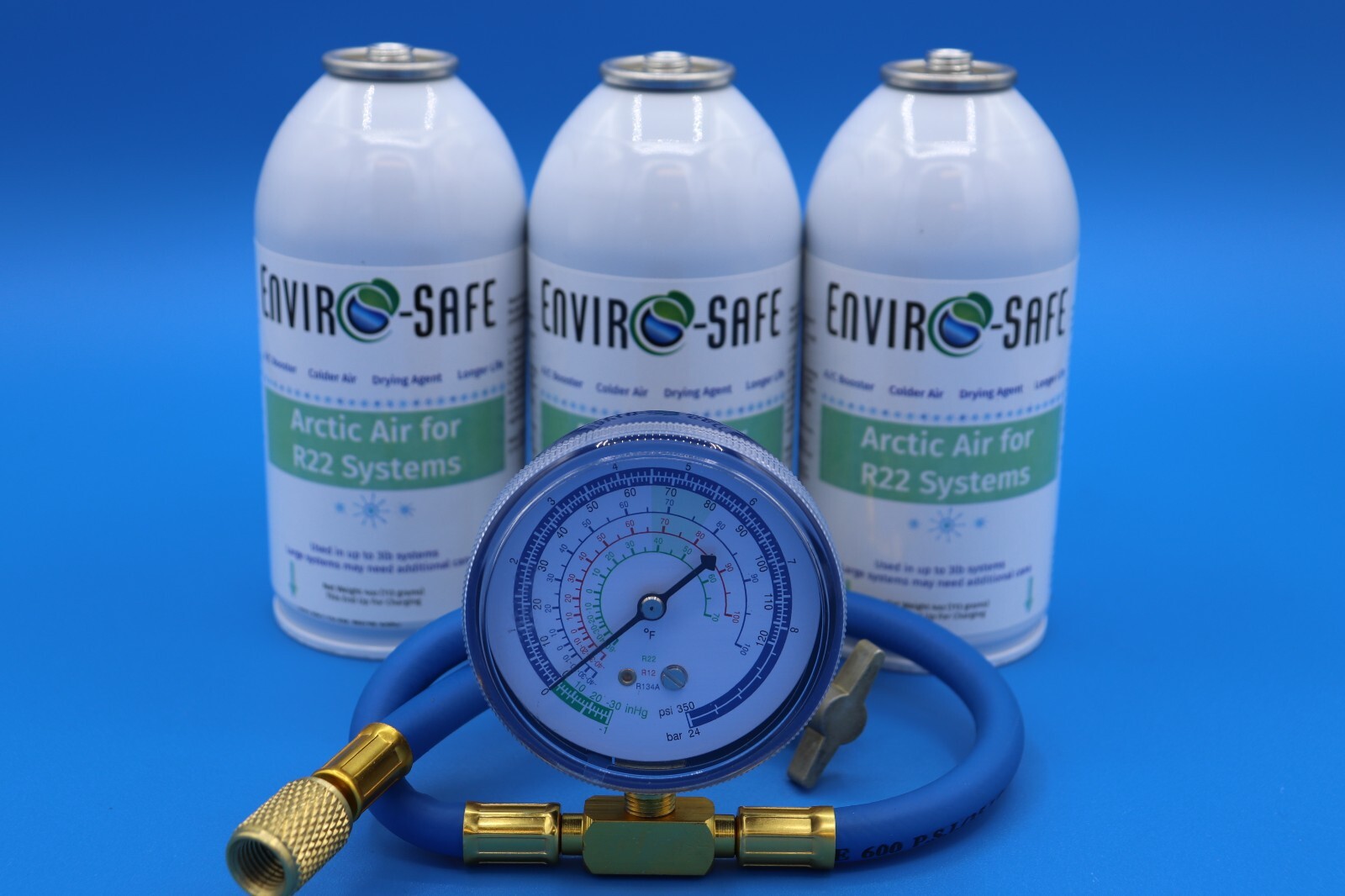 Envirosafe Arctic Air for R22, AC Refrigerant Support, (3) cans and gauge