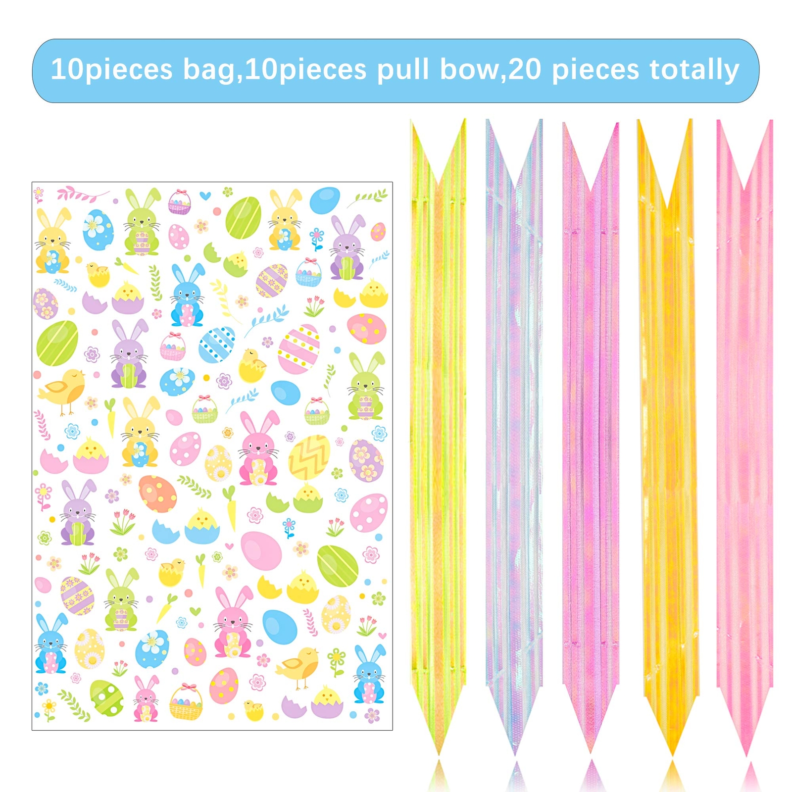 20pcs Basket Bags pull bow Set 10 pieces Easter Cellophane Wrap Plastic Bag 1...